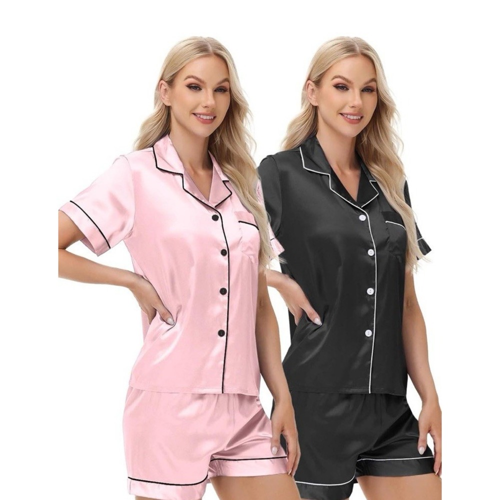 2 Pack Set Satin Short Sleeve Pajama Sets Tops & Shorts Sz XXL Pink & Black